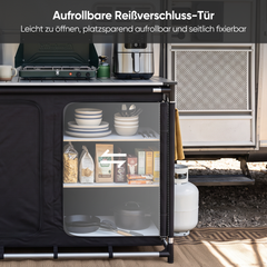 Sekey Campingschrank faltbar mit rollbarer Aluminium-Tischplatte, Campingküche Outdoor 79 × 48 × 96 cm, 6 Fächer, Aluminiumgestell, Camping Tisch mit Stauraum für Wohnmobil, Garten & Festival