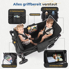 Sunula Kinder Bollerwagen für 2 Kinder mit Dach – faltbar, Schiebe- & Ziehfunktion, 5-Punkt-Gurte und XXL-Räder, K1 Serie