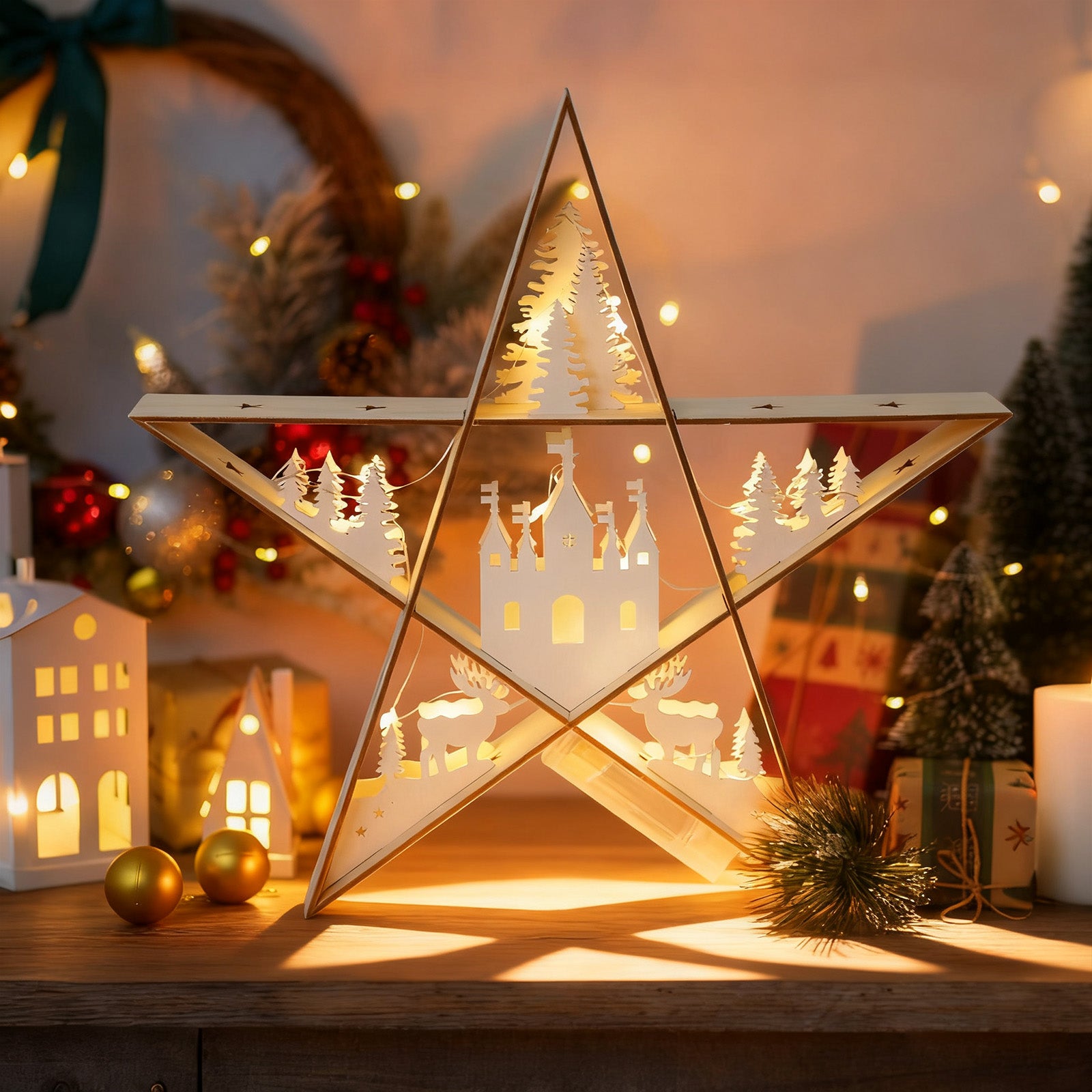 SALCAR LED Stern aus Holz 30 cm – Warmweiß leuchtende Weihnachtsdeko Tischlampe, Batteriebetrieben, Winter- & Adventsdekoration für Tisch & Fenster