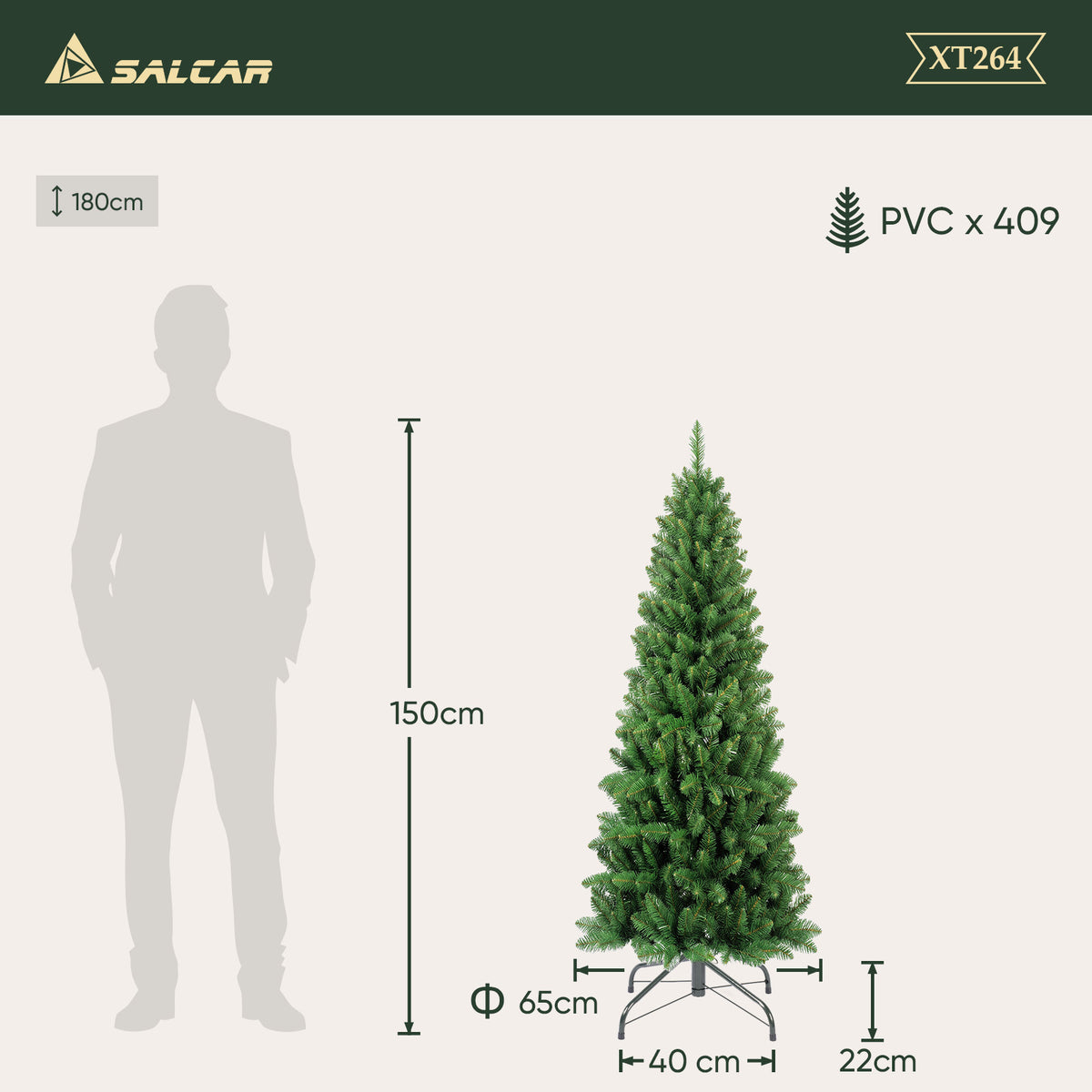 Salcar Künstlicher Weihnachtsbaum – Schmaler Weihnachtsbaum in Bleistiftform mit Metallständer