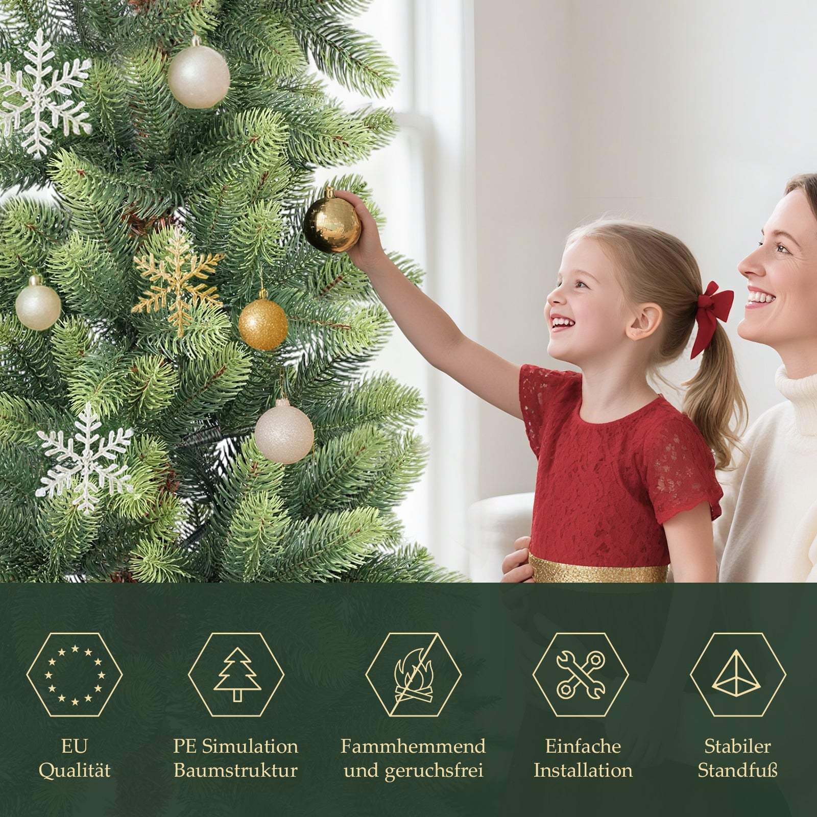 SALCAR Slim Kunst-Weihnachtsbaum 180 cm – Realistischer PE-Tannenbaum in zartgrün, 100 % Spritzguss, naturgetreu & platzsparend