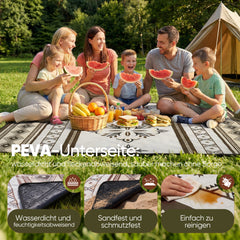 Sekey Picknickdecke Wasserdicht 200x200 cm – Sandfreie Stranddecke im Retro Bohemian Beige Design, PEVA-Unterseite & Tragegurt für Picknick, Camping und Strand