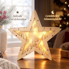 Salcar LED Weihnachtsstern aus Holz – 30 cm, 10 LEDs, Warmweiß, Glitzereffekt, Batteriebetrieb