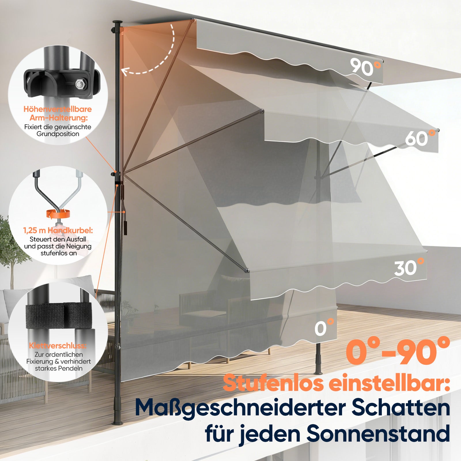 Sekey Klemmmarkise ohne Bohren Grau (150–350 cm Breite), 130 cm Ausfal – sekeymall