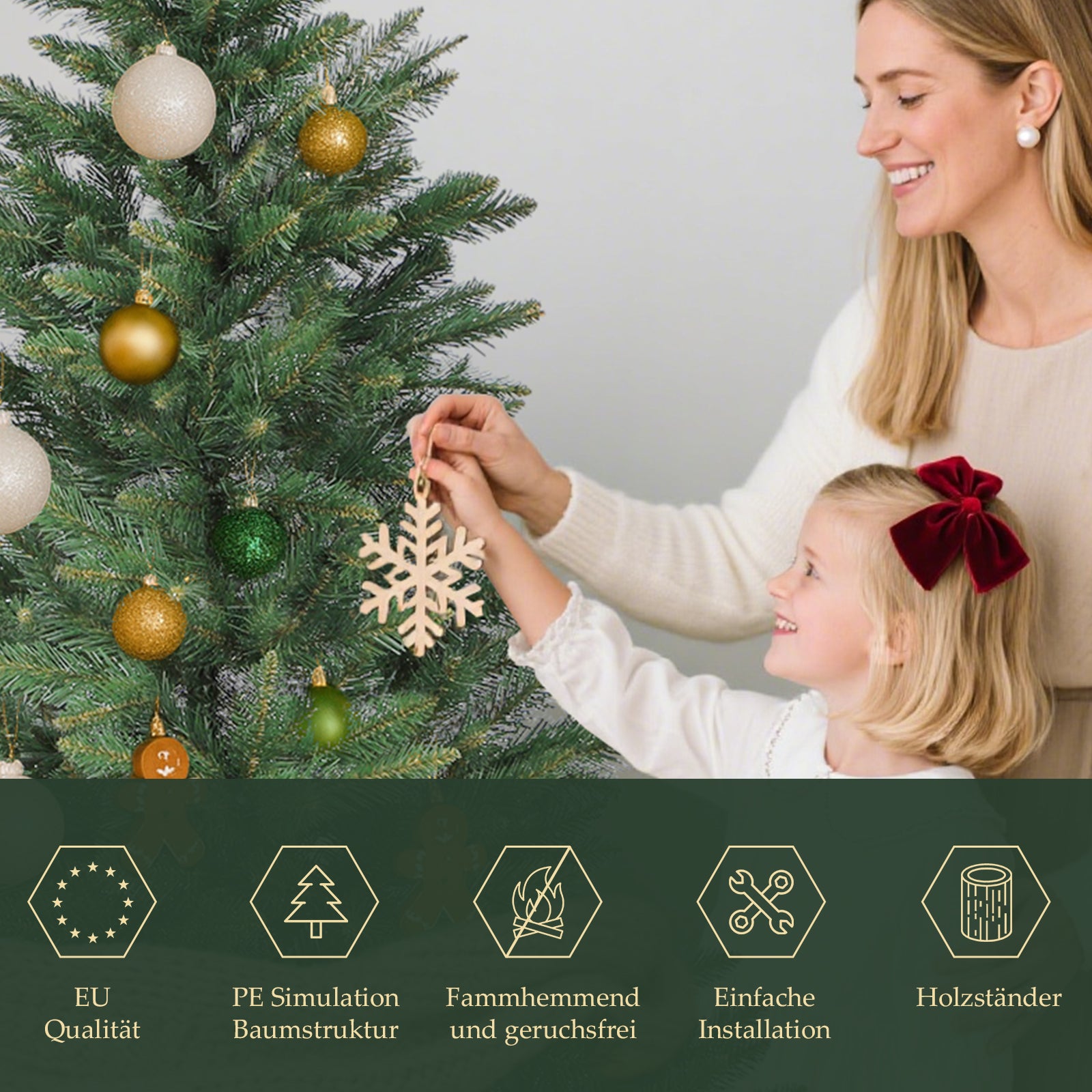 SALCAR Künstlicher Weihnachtsbaum mit Holzständer, 150/180/210 cm, Realistischer PVC Christbaum, Pflegeleicht & Hochwertige Weihnachtsdekoration für Innenräume
