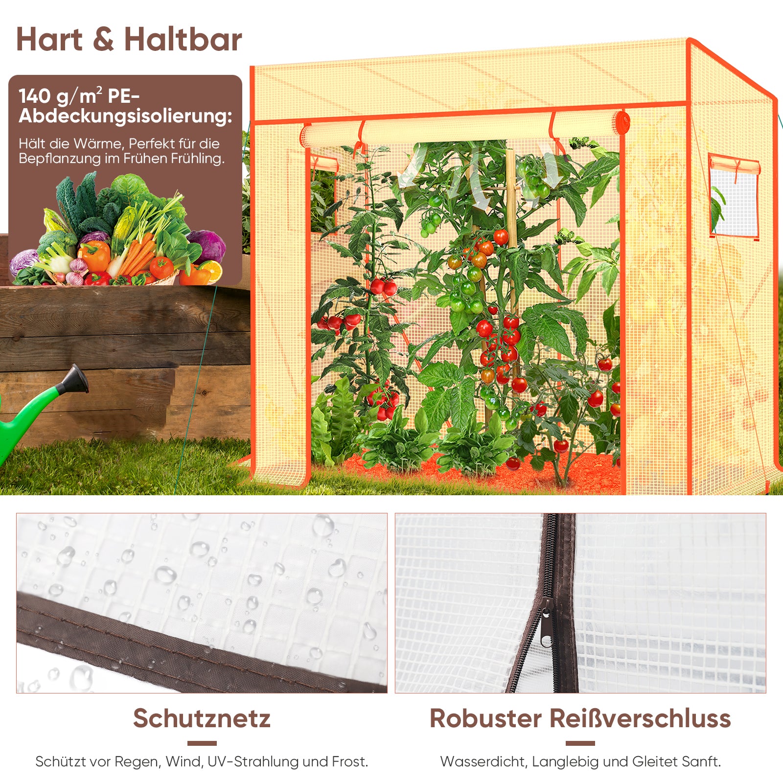 Sekey Tomatengewächshaus Tamara XL – Folien-Gewächszelt mit aufrollbarer Tür, stabiler Rahmen 200 x 77 x 146/170 cm