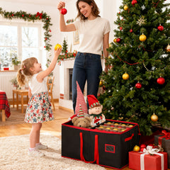 Salcar Schwarze Aufbewahrungsbox für 128 Weihnachtskugeln – Faltbare Christbaumkugel-Box 64,8×32,3×34,2 cm mit 128 Fächern, Tragegriffen & Doppelreißverschluss