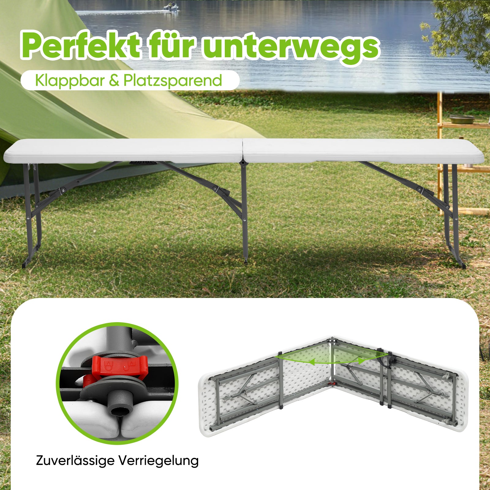 Sekey Klappbare Kunststoff-Bierbank 183 cm – Faltbare Gartenbank, bis 300 kg belastbar, wetterfest, ideal für Camping, Garten & Feste
