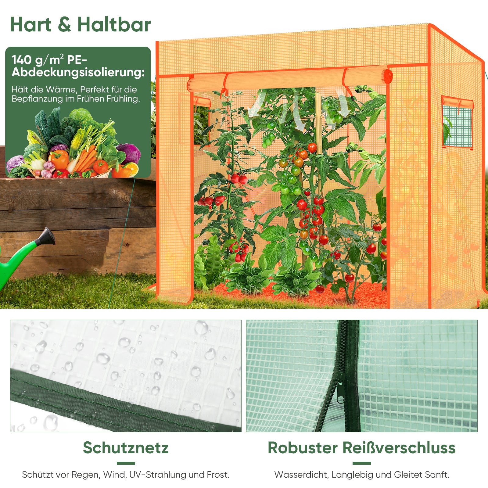 Sekey Tomatengewächshaus 200 x 170 x 77 cm – Begehbares Folien-Gewächshaus für Balkon & Garten, stabil, winterfest & UV-beständig, Grün