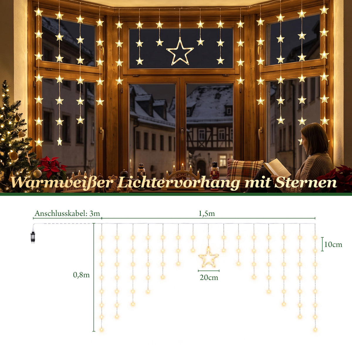 Salcar LED Sternenvorhang Warmweiß – Weihnachtsbeleuchtung mit 8 Modi, Timer & Memory