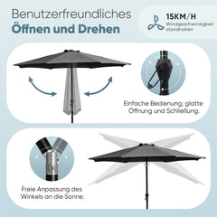 Sekey 300 cm Aluminum Round Garden Parasol, Market Umbrella, Foldable, with Crank