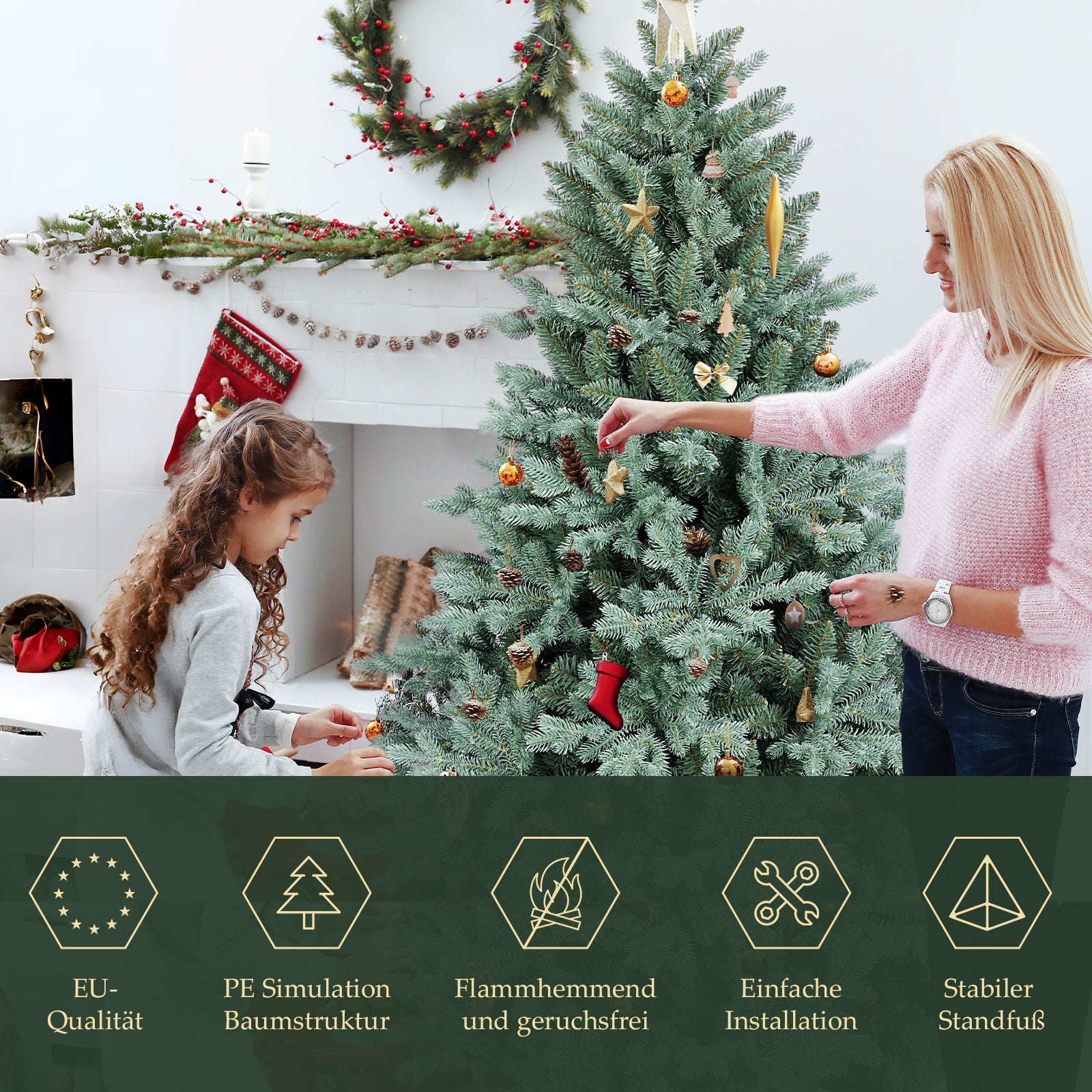 SALCAR Künstlicher Weihnachtsbaum aus PE & unsichtbaren PVC-Spitzen – Natürliche graugrüne Tanne mit Schnellaufbau-Klappsystem & stabilem Metallständer (150 cm / 180 cm / 210 cm)