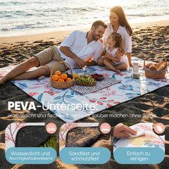 Sekey Picknickdecke Wasserdicht 200x200 cm – Sandfreie Stranddecke mit Schmetterlings- & Blumenmuster, blaue Blätter & rosa Blumen, PEVA-Unterseite & Tragegurt für Picknick, Camping und Strand