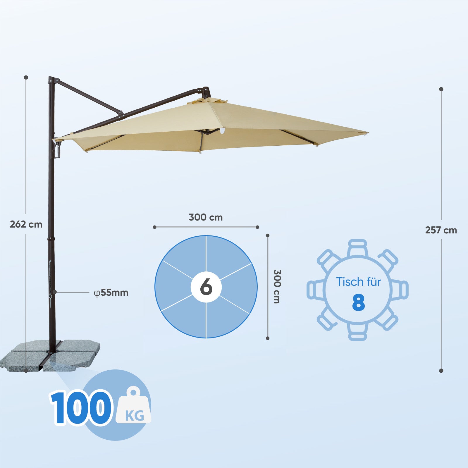 Sekey Ampelschirm 300 cm – Aluminium Sonnenschirm mit 360° Drehung, Neigefunktion, UV50+ Schutz