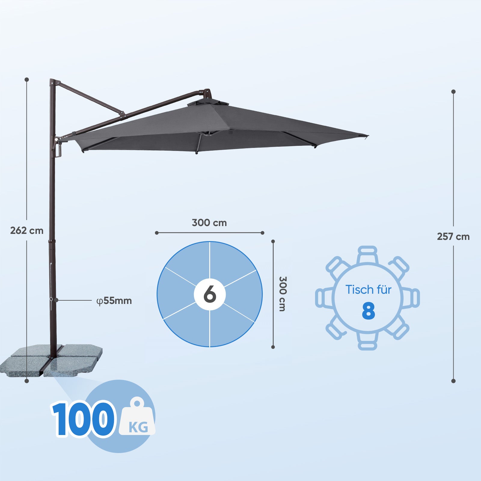 Sekey Ampelschirm 300 cm – Aluminium Sonnenschirm mit 360° Drehung, Neigefunktion, UV50+ Schutz