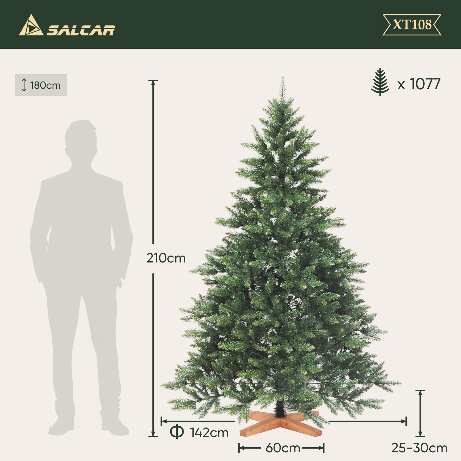 SALCAR Künstlicher Weihnachtsbaum mit Holzständer, 150/180/210 cm, Realistischer PVC Christbaum, Pflegeleicht & Hochwertige Weihnachtsdekoration für Innenräume