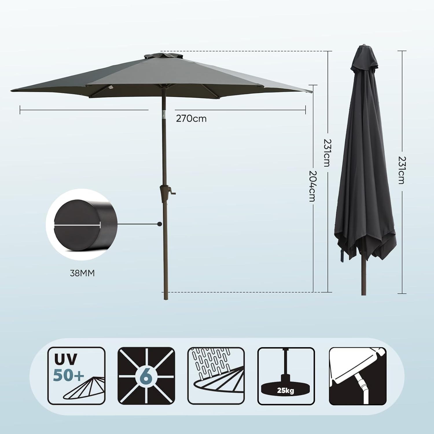 Salcar Sonnenschirm Ø 2,7 m – Kurbelschirm mit Knickgelenk, UPF 50+, UV-Schutz & wasserabweisend, GRS-zertifiziertes Polyester, für Garten, Terrasse & Balkon