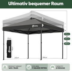Sekey Premium Faltpavillon 3×3 m – Wasserdicht & Winterfest, Pop-Up Pavillon mit 4 Seitenwänden, Einweg-Privatsphäre-Fenstern, Schnellaufbau & UPF 50+