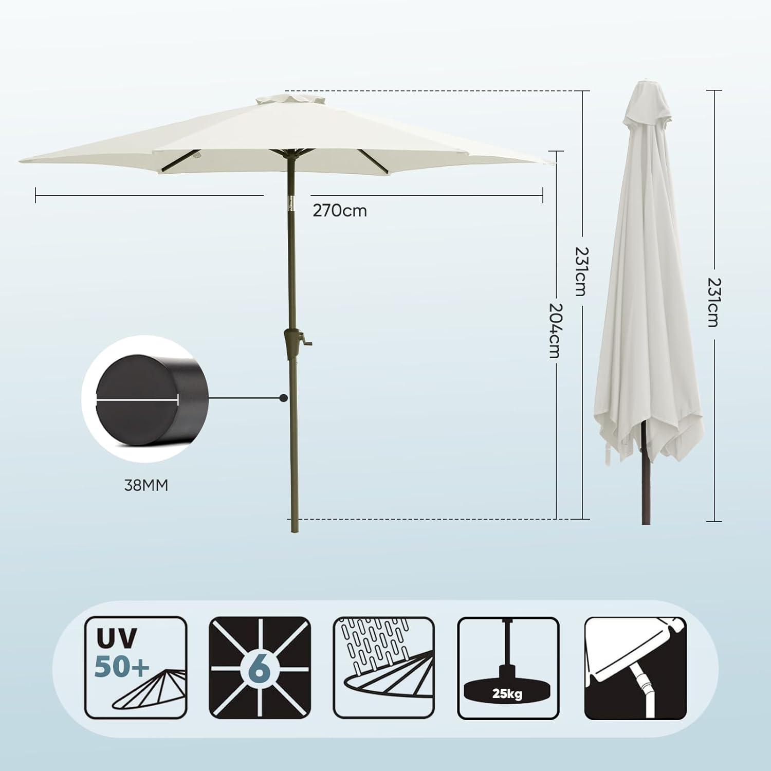 Salcar Sonnenschirm Ø 2,7 m – Kurbelschirm mit Knickgelenk, UPF 50+, UV-Schutz & wasserabweisend, GRS-zertifiziertes Polyester, für Garten, Terrasse & Balkon