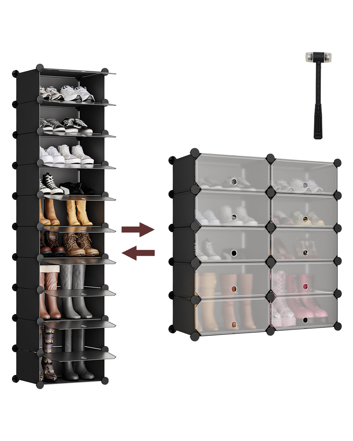 Sekey Schuhschrank mit 10 Fächern – Modularer Schuhorganizer für bis zu 20 Paar Schuhe, stabil & platzsparend, inkl. Hammer & Kippschutz