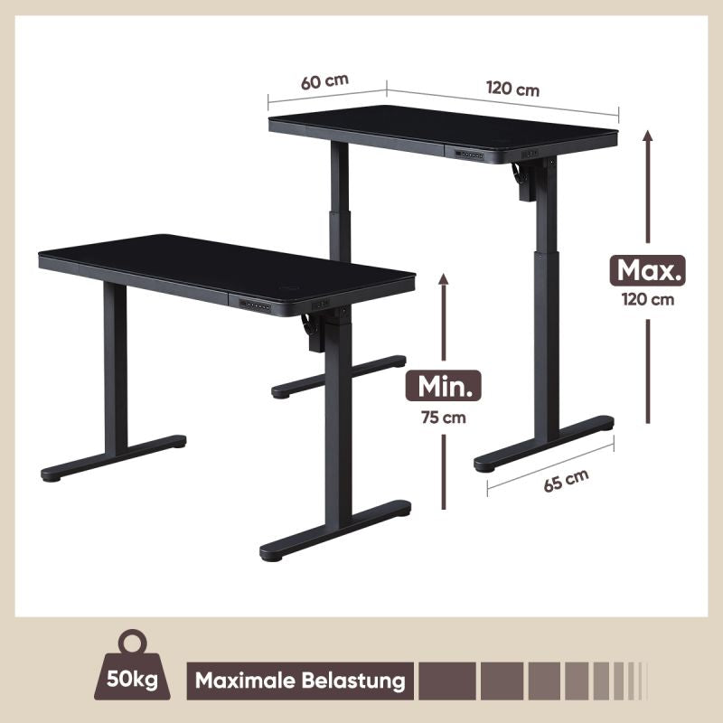 KOWO 120 cm Glass Electric Height Adjustable Desk with Drawers and Wireless Charging, Mobilo