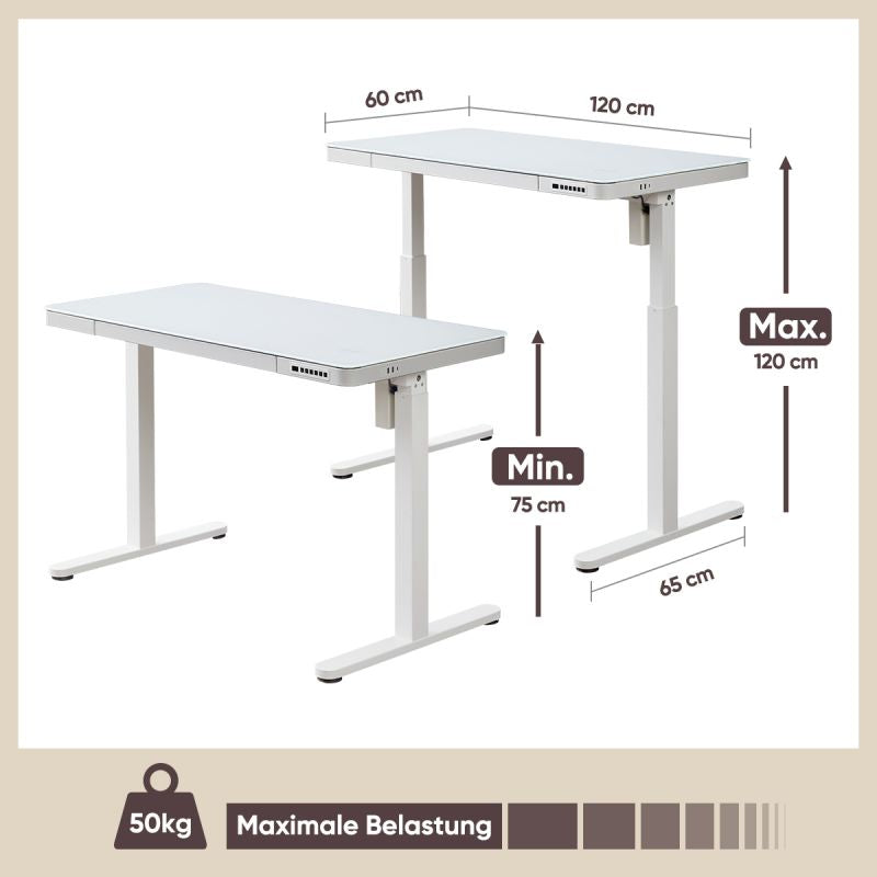 KOWO 120 cm Glass Electric Height Adjustable Desk with Drawers and Wireless Charging, Mobilo