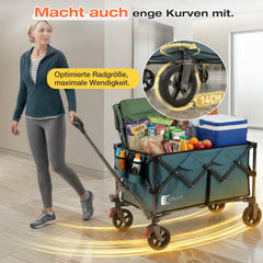 SUNULA Foldable Wagon 120 kg – 150L Handcart with Off-Road Wheels, Brakes &amp; One-Hand Handle