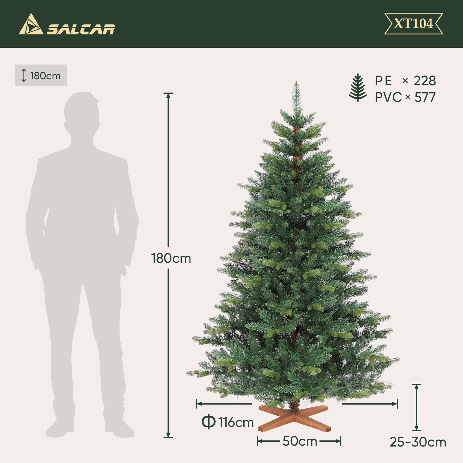 SALCAR Künstlicher Weihnachtsbaum mit Holzständer, Premium PE+PVC Tannenbaum, Realistische & Dichte Optik, Einfacher Aufbau für Innenräume