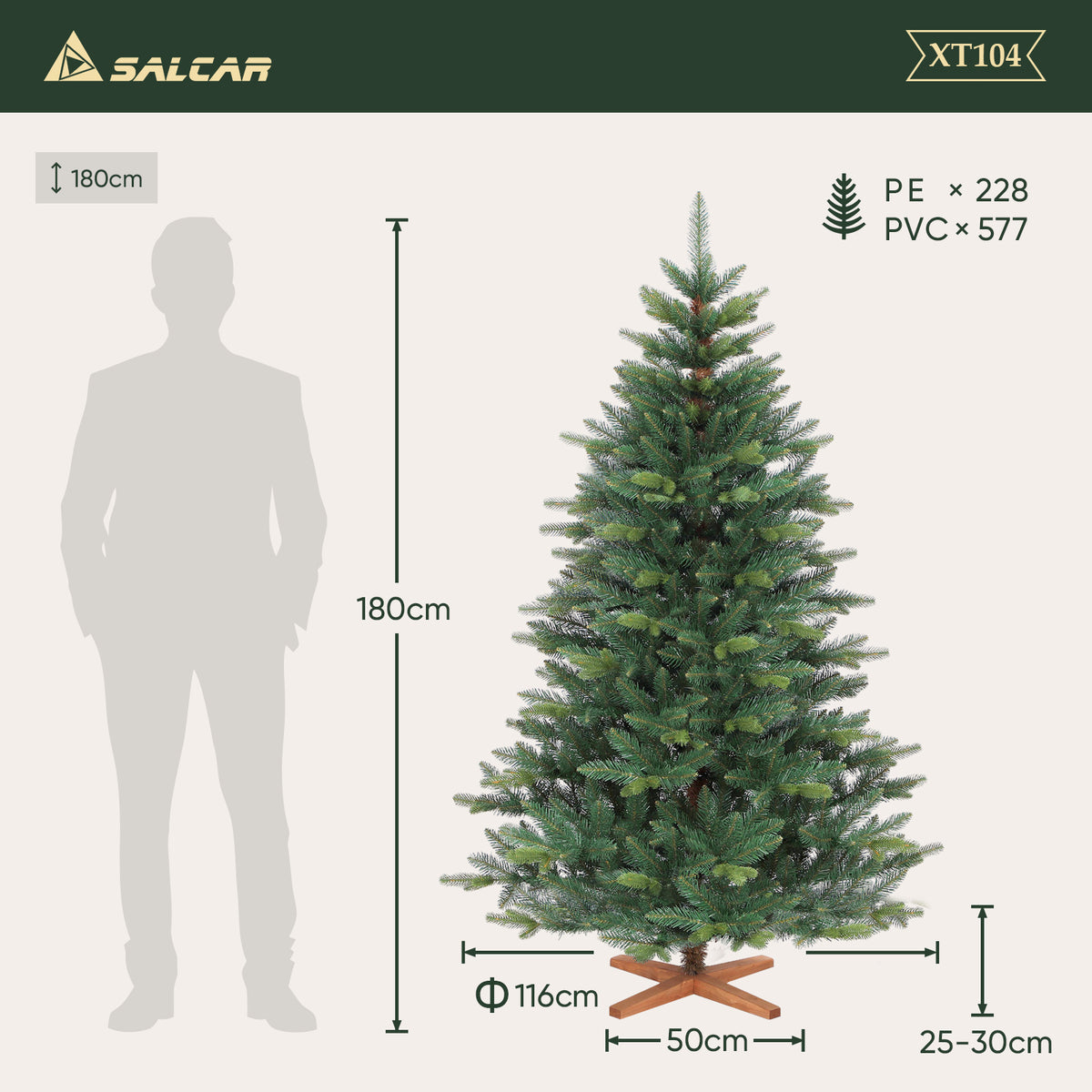 Salcar Künstlicher Weihnachtsbaum mit Holzständer, Premium PE+PVC Tannenbaum, Realistische & Dichte Optik, Einfacher Aufbau für Innenräume