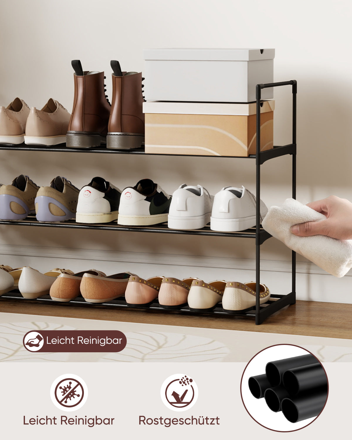 Sekey Schuhregal 3 Ebenen – Stapelbares Metall-Schuhregal, platzsparend für Flur & Kleiderschrank, für 15–18 Paar Schuhe
