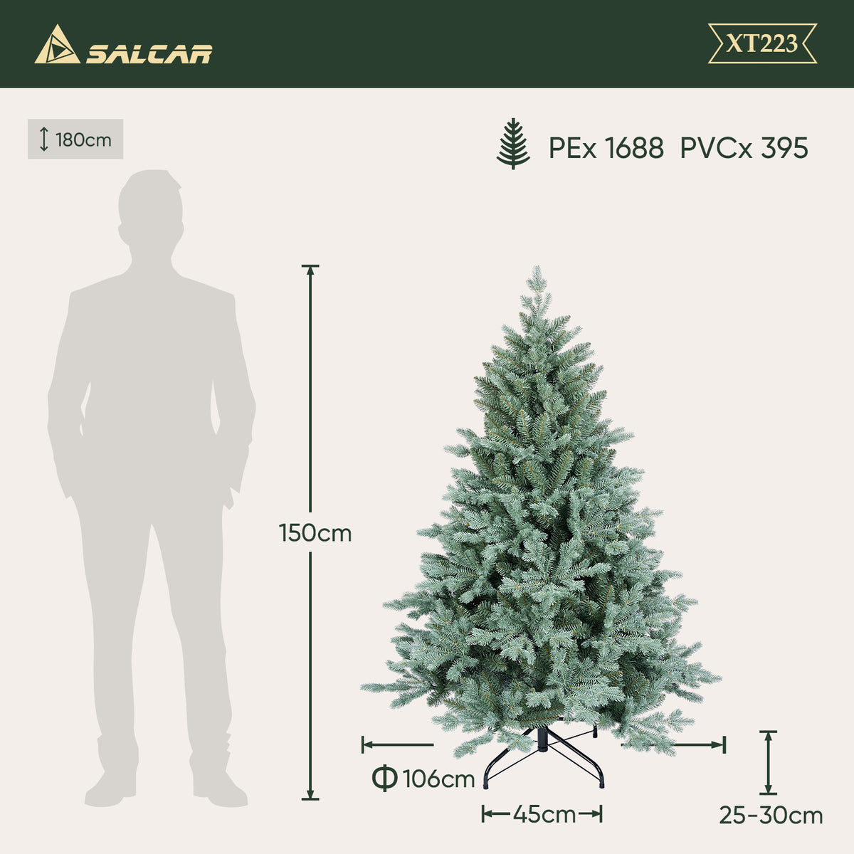 SALCAR Künstlicher Weihnachtsbaum aus PE & unsichtbaren PVC-Spitzen – Natürliche graugrüne Tanne mit Schnellaufbau-Klappsystem & stabilem Metallständer (150 cm / 180 cm / 210 cm)