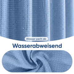 Sekey Blau Duschvorhang 180 × 200 cm, Textil Badewannenvorhang mit Waffelstruktur, Wasserabweisend & Waschbar, 100 % Polyester, mit Beschwerungsband & 12 Edelstahlringen