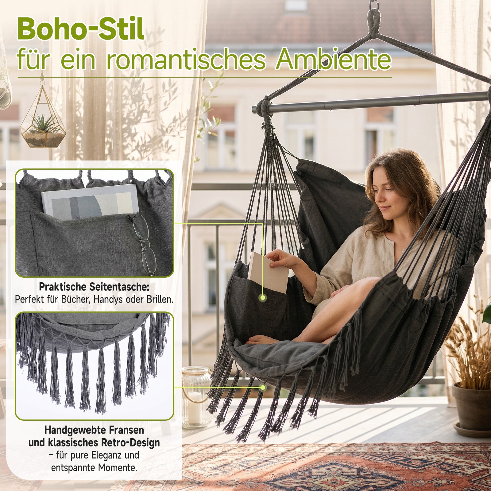 Sekey Hängesessel mit 2 Kissen & Seitentasche – Boho Hängestuhl für Ba – sekeymall