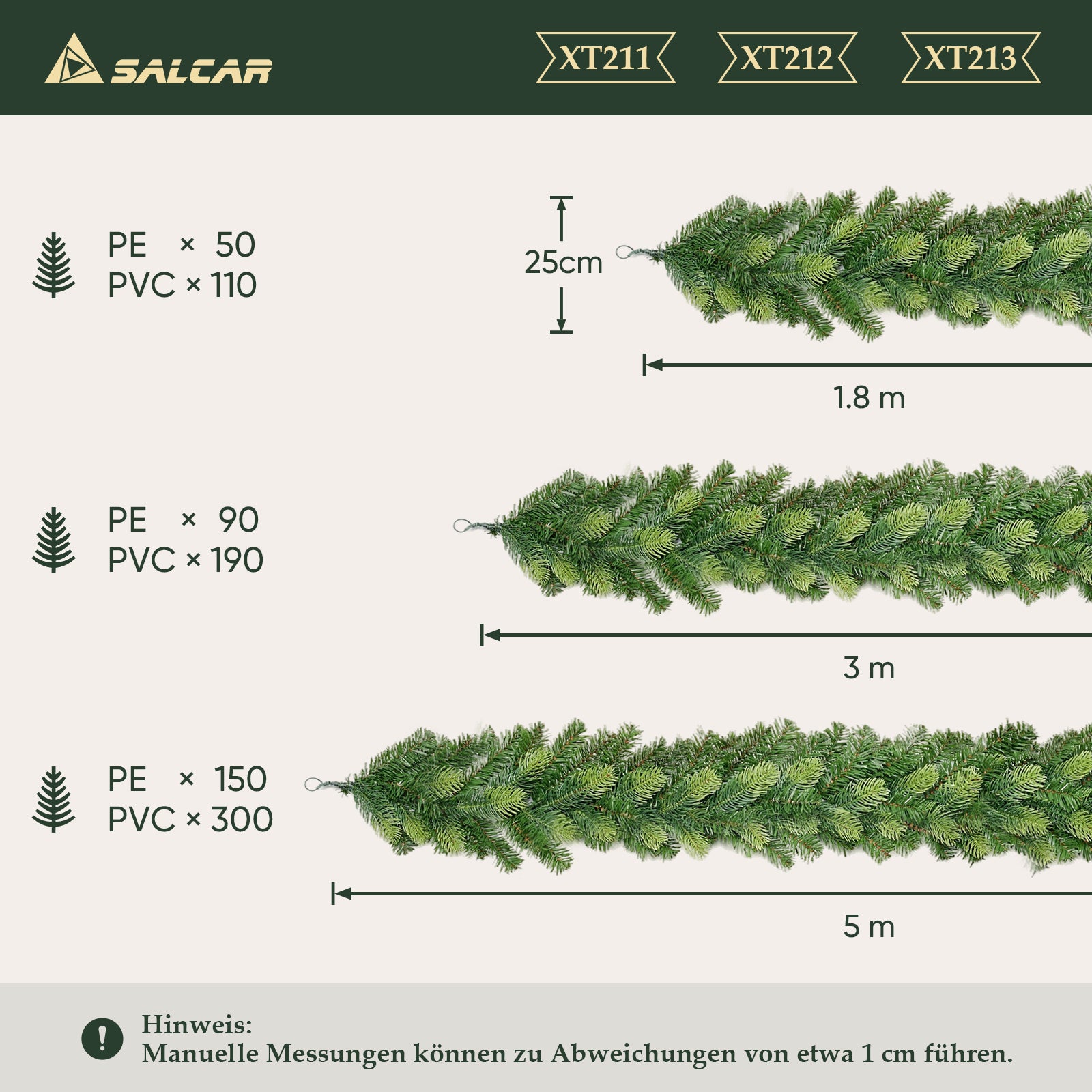 SALCAR Künstliche Weihnachtsgirlande aus PE & PVC, 1.8m/3m/5m – Realistische, Biegsame & Wiederverwendbare Tannengirlande für Tür, Fenster, Balkon & Treppengeländer