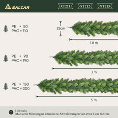 Salcar Künstliche Weihnachtsgirlande aus PE & PVC, 1.8m/3m/5m – Realistische, Biegsame & Wiederverwendbare Tannengirlande für Tür, Fenster, Balkon & Treppengeländer