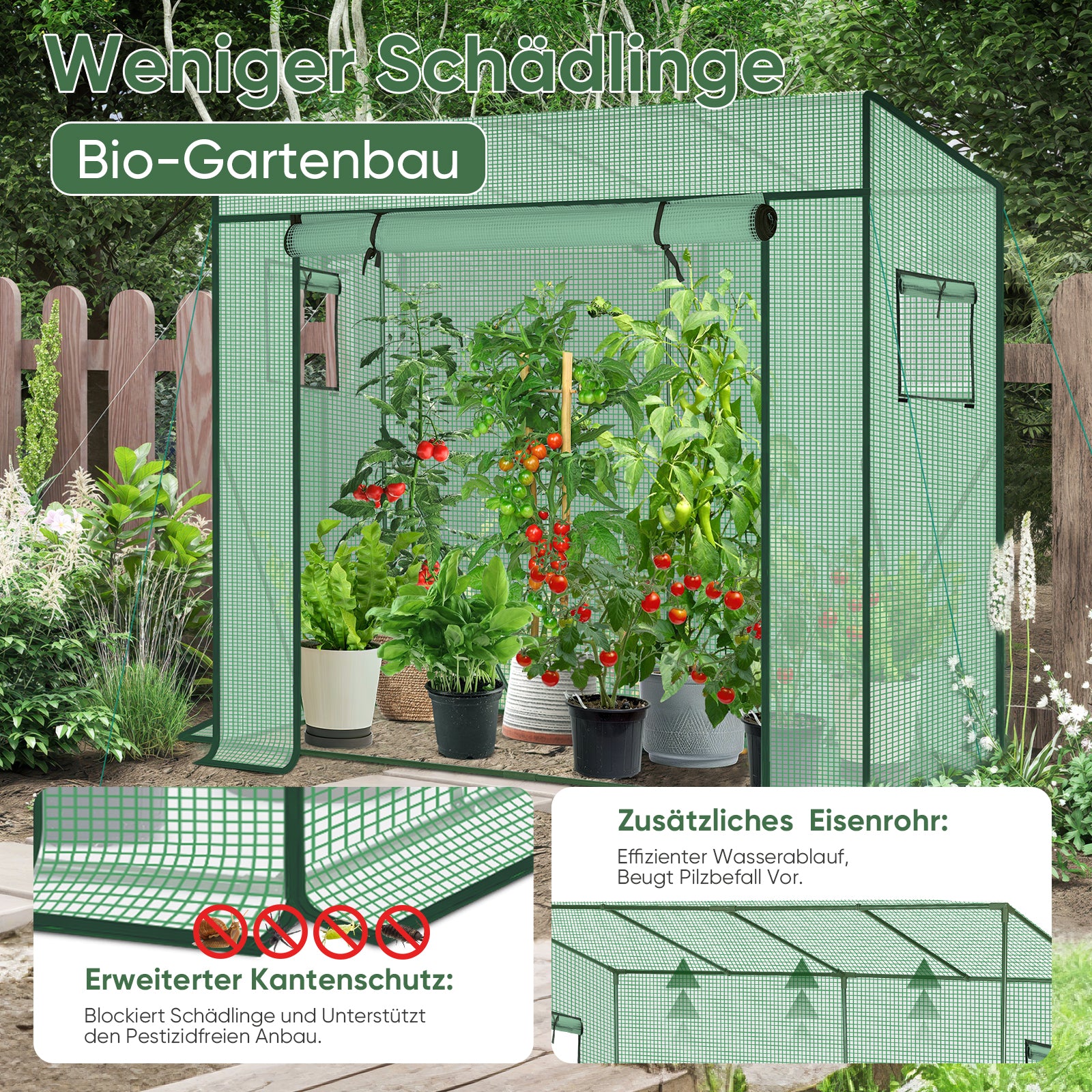 Sekey Tomatengewächshaus 200 x 170 x 77 cm – Begehbares Folien-Gewächshaus für Balkon & Garten, stabil, winterfest & UV-beständig, Grün
