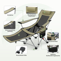 Sunula Klappbarer Campingstuhl, Liegestuhl 2-in-1, Belastbar bis 100 kg, Abnehmbare Fußablage, Getränkehalter, Tragetasche, Leicht, Verstellbare Rückenlehne, Für Angeln, Strand, Camping, Garten, Outdoor