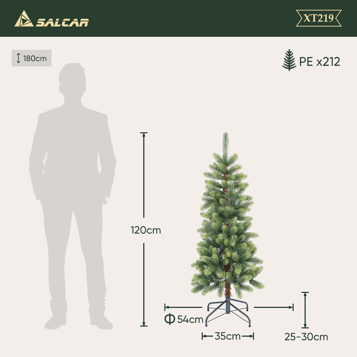 SALCAR Schmaler Künstlicher Weihnachtsbaum 120/150/180/210 cm | Slim Nordmanntanne aus PE, Platzsparend, Realistisch, Wiederverwendbar, Mit Metallständer