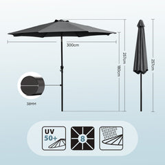 Sekey 300 cm Aluminum Round Garden Parasol, Market Umbrella, Foldable, with Crank