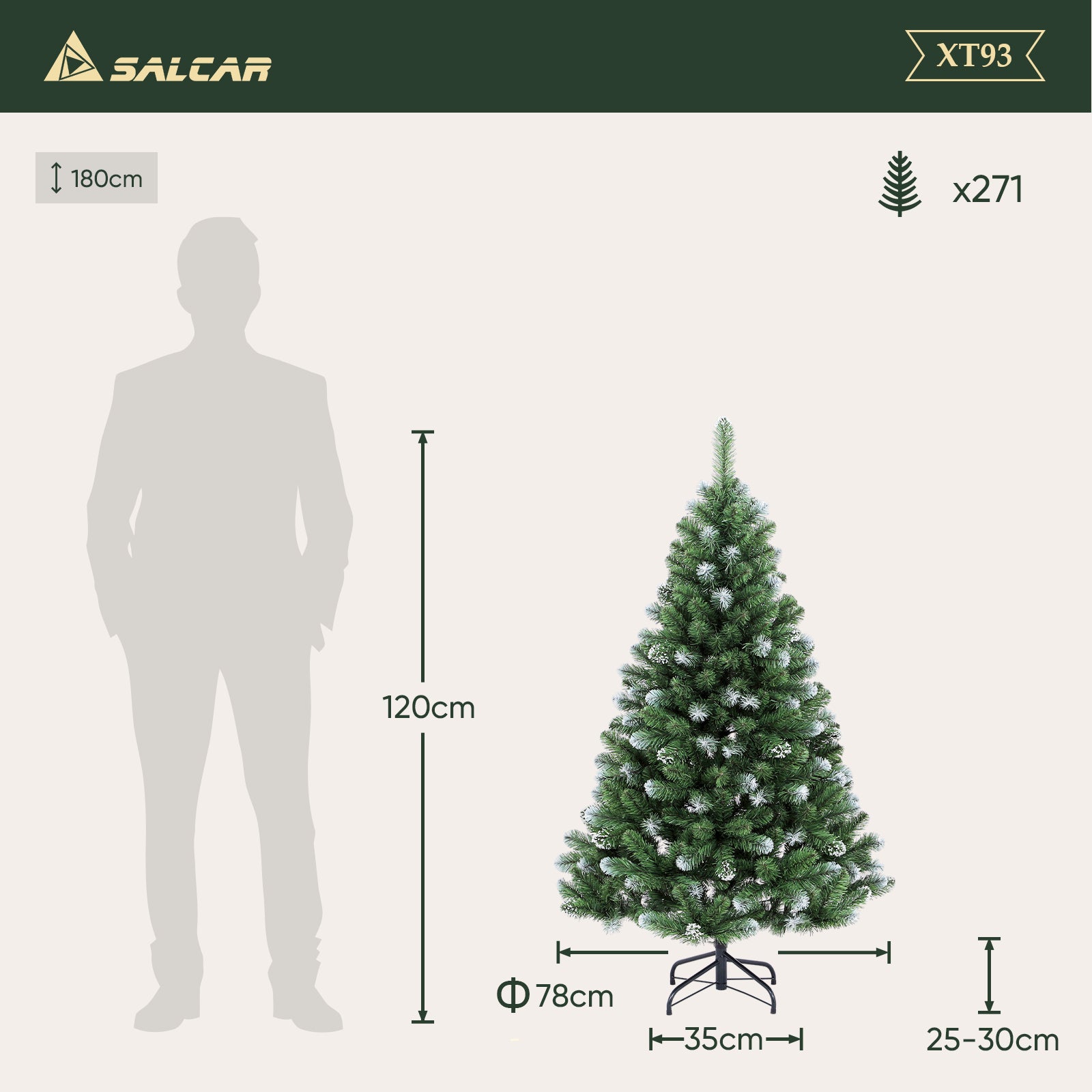 SALCAR Künstlicher Weihnachtsbaum mit Schnee – 120/150/180/210 cm Christbaum, täuschend echt, mit Metallständer, PVC Tannenbaum für Innen & Außen
