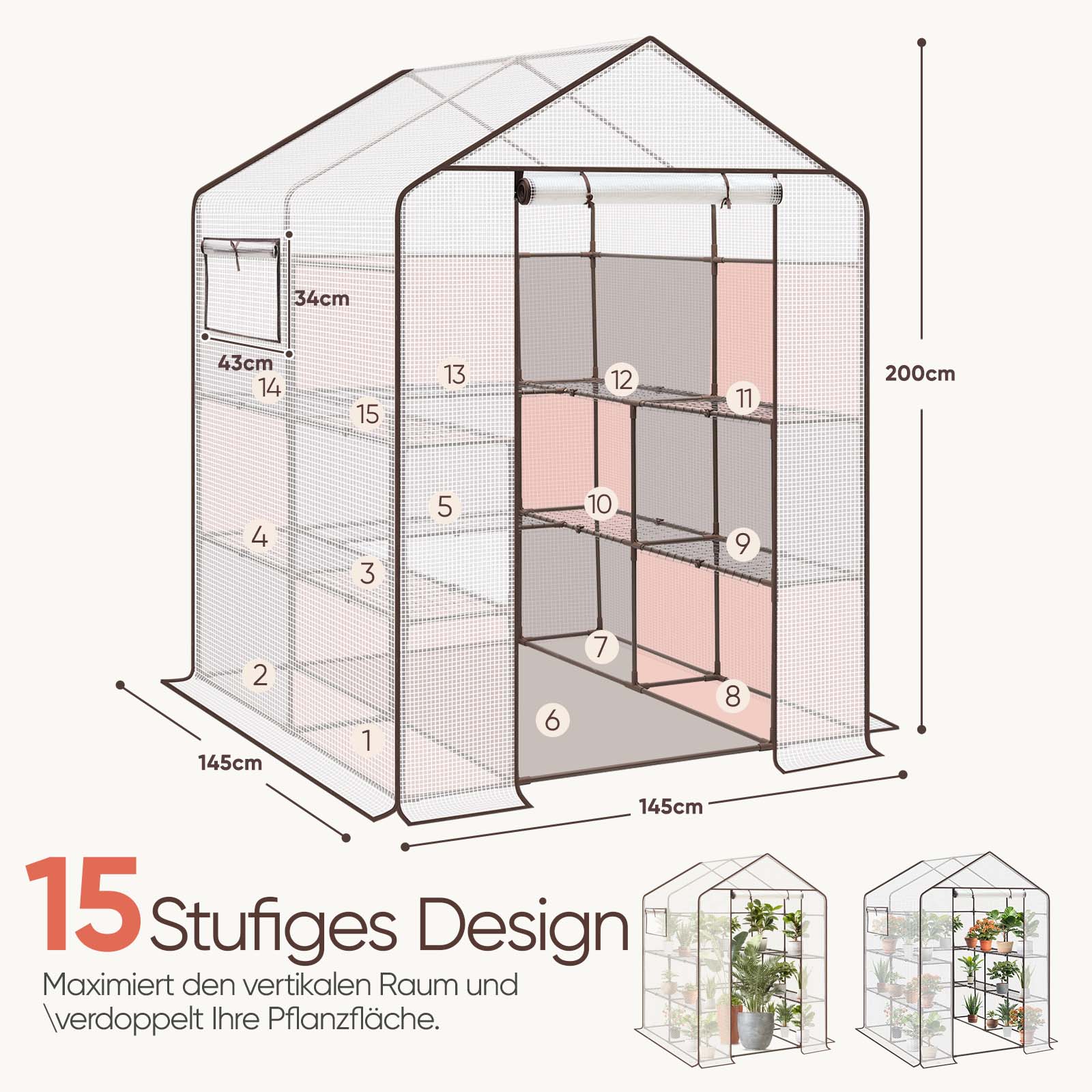 Sekey Foliengewächshaus 200x145x145 cm – Balkon-Gewächshaus mit 10 Regalböden, Stabil & Ideal für gesundes Pflanzenwachstum