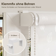 Sekey Rollo Blatt Weiß – Seitenzugrollo mit dekorativem Muster, Klemmfix ohne Bohren, lichtdurchlässig, stufenlos verstellbar