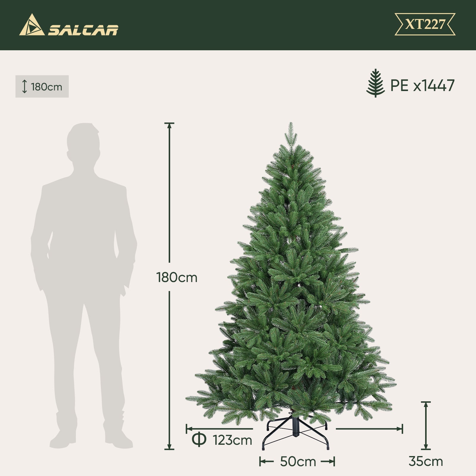 SALCAR Premium Künstlicher Weihnachtsbaum 150cm/180cm/210cm – Nordmanntanne aus 100 % PE, naturgrün, form- & farbstabil, geruchlos, nadelfrei