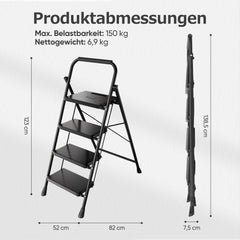 Sekey Klappbare Trittleiter 2/3/4 Stufen – Stahlrahmen, rutschfeste Trittflächen, TÜV & SGS geprüft, bis 150 kg belastbar, Schwarz