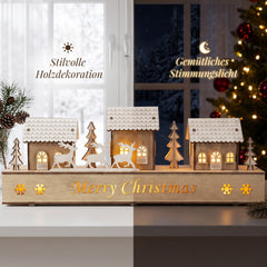 Salcar LED Schwibbogen aus Holz – 43 cm 3D Weihnachtsdorf, 8 LEDs, Batteriebetrieben, Naturholzoptik