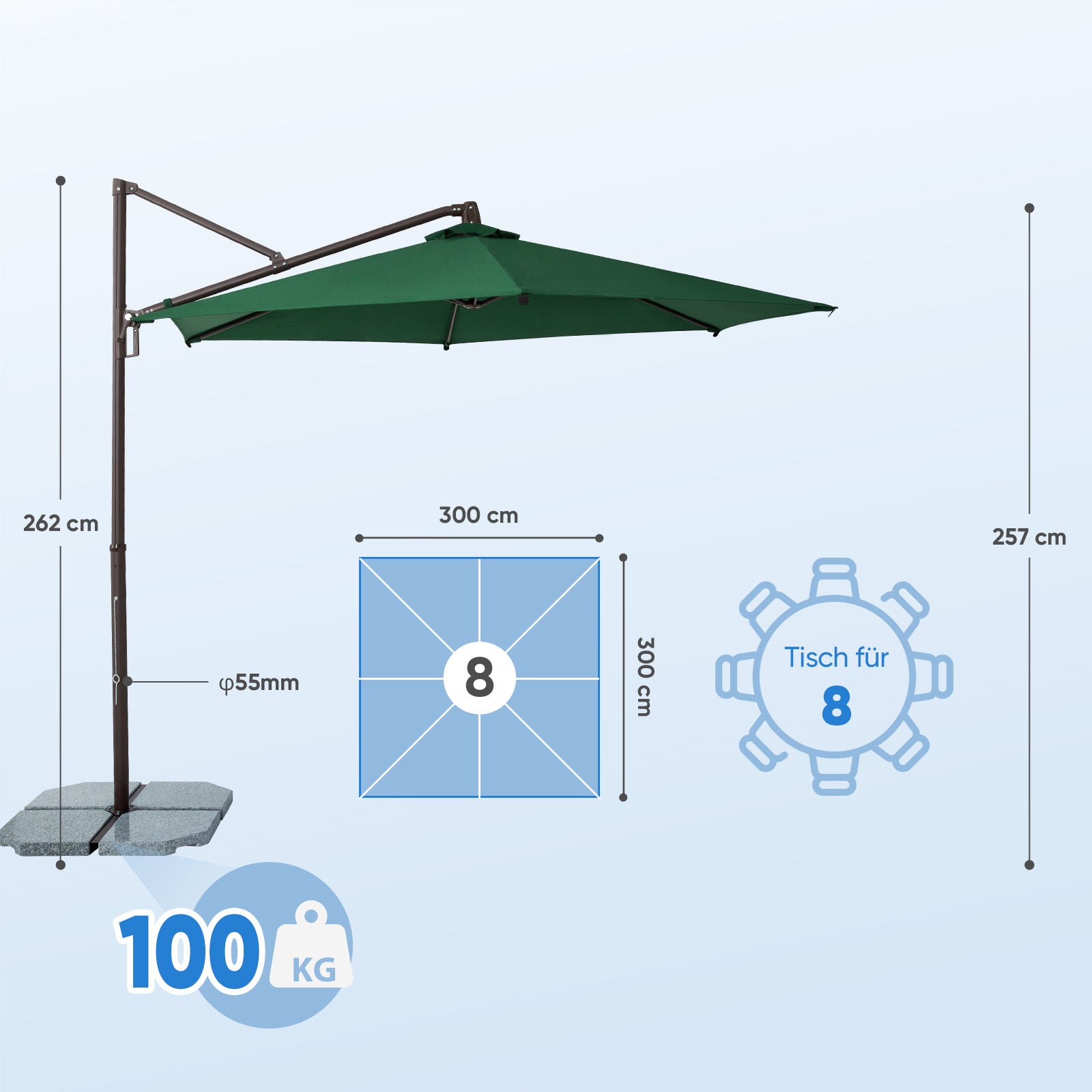 Sekey Ampelschirm 300 cm – Aluminium Sonnenschirm mit 360° Drehung, Neigefunktion, UV50+ Schutz