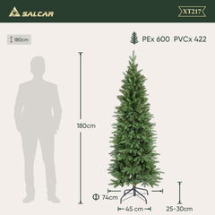 SALCAR Künstlicher Weihnachtsbaum 180 cm Slim – Schmaler Tannenbaum in Pencil-Form, realistische Nadeln aus PE & PVC, platzsparend & langlebig