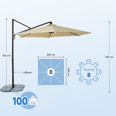 Sekey Ampelschirm 300 cm – Aluminium Sonnenschirm mit 360° Drehung, Neigefunktion, UV50+ Schutz Sekey