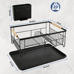Sekey Abtropfgestell Geschirr mit Holzgriff – Platzsparender Spülen-Organizer mit Besteckablage, Schwarz & Rostfrei, Kompakter Geschirrständer für Küche