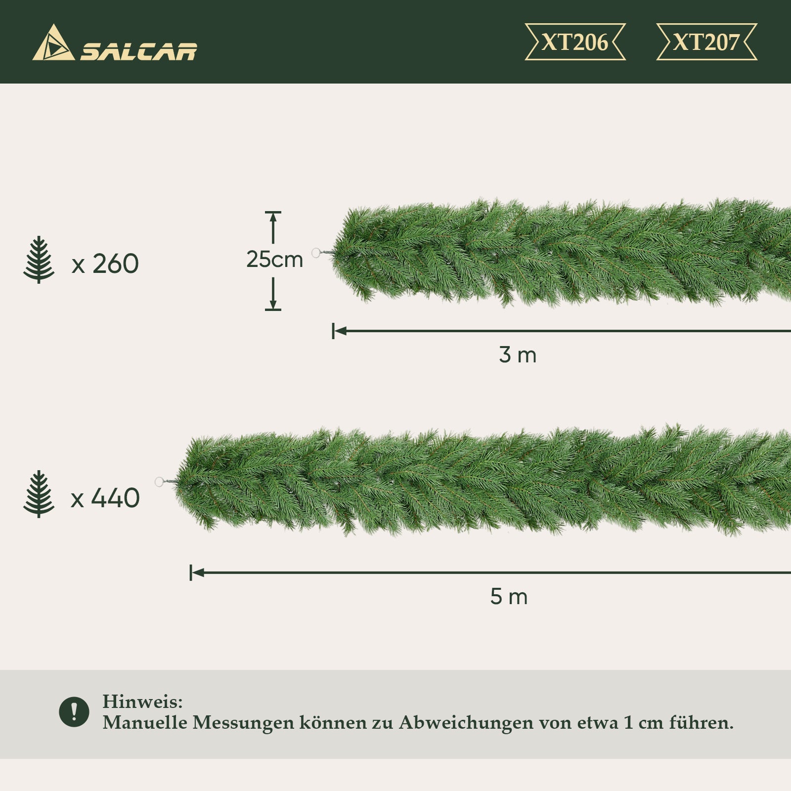 SALCAR Künstliche Weihnachtsgirlande 3 m/5 m – Realistische Tannengirlande aus PE & PVC, Grün, Flexibel, Pflegeleicht & Wiederverwendbar, Für Innen & Außen